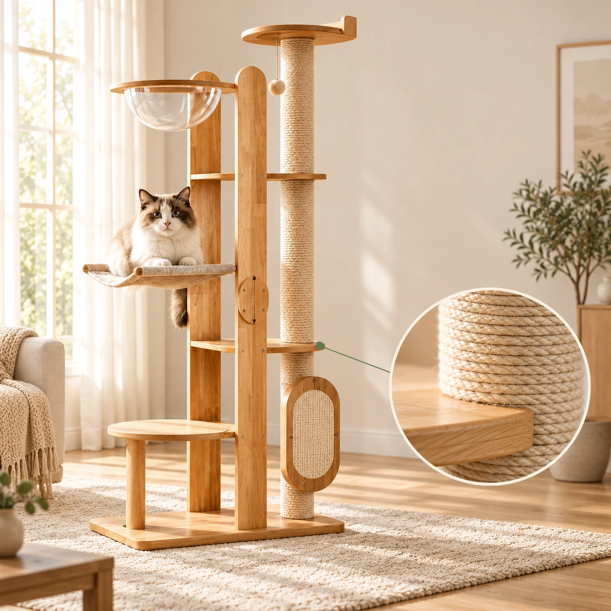Complete wooden cat tree in a living room with an enlarged sisal and wood detail