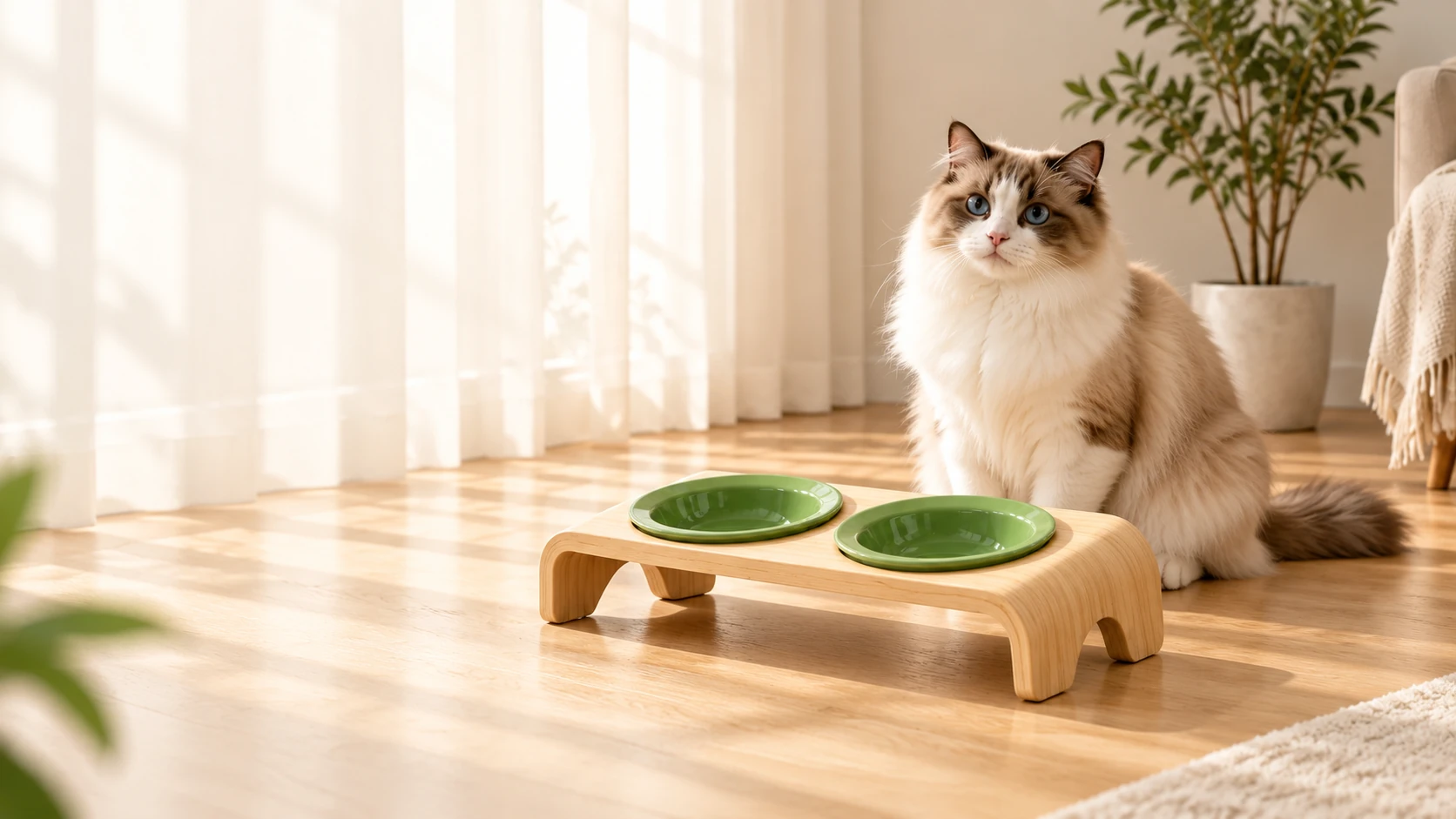Matcha-green double feeding bowls in a bamboo stand beside a cat in a sunlit room