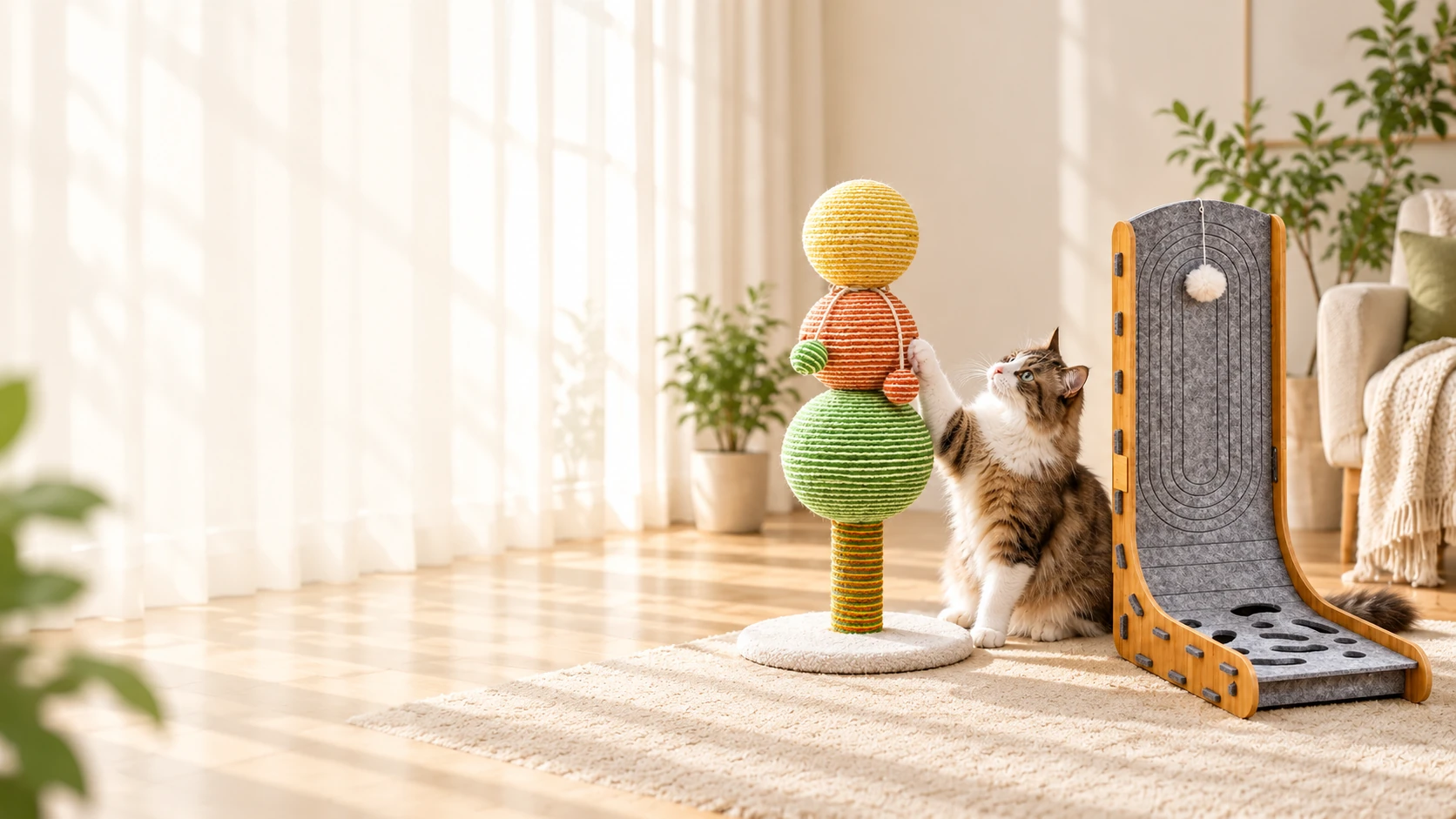 Gourd sisal cat toy and wooden L-shaped scratcher with a playful cat
