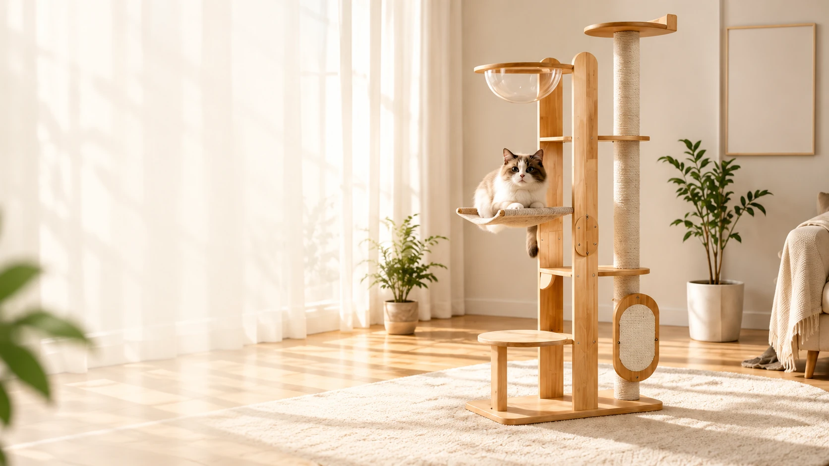 Sunlit room with a PANQIN wooden cat tree and a resting cat
