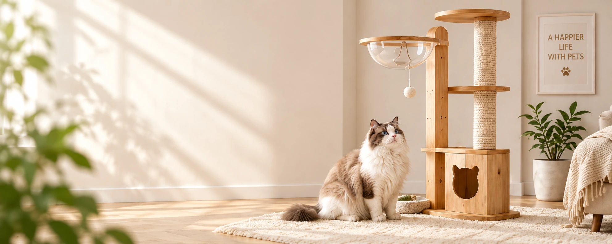 PANQIN natural oak and sisal cat furniture in a sunlit home