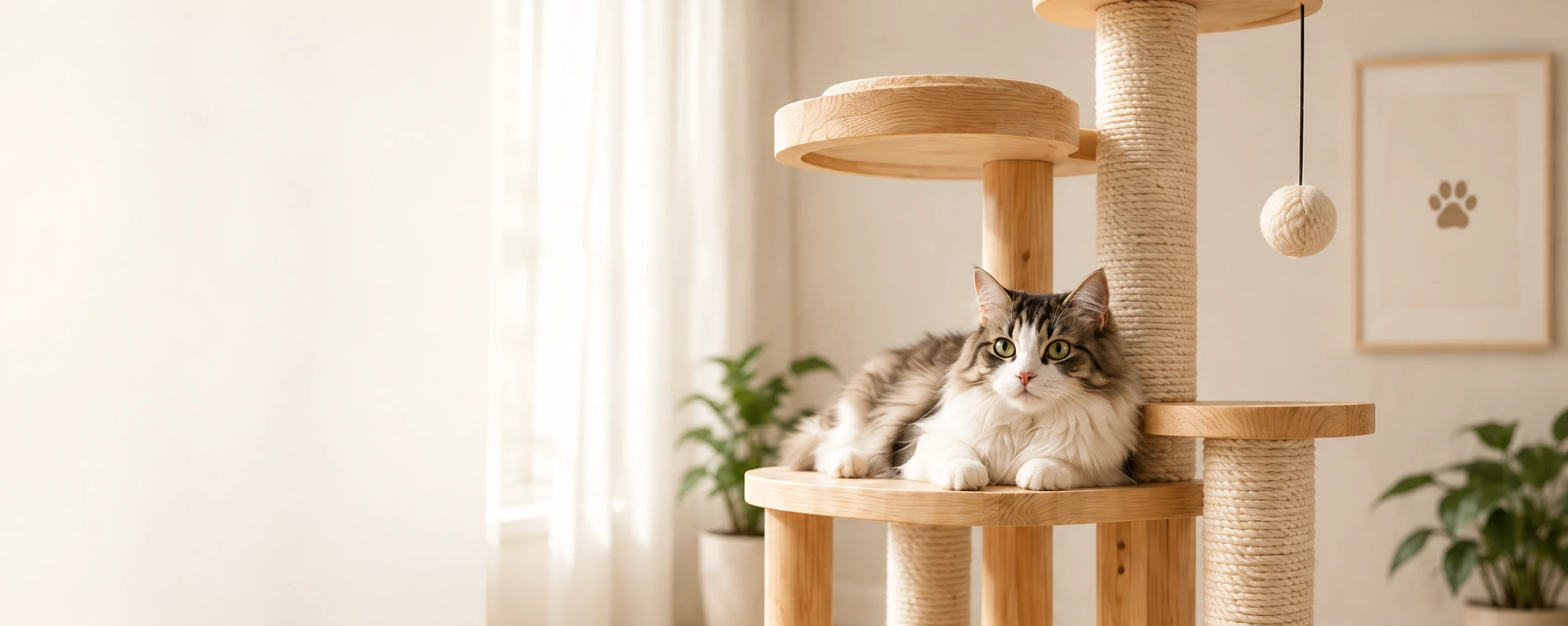PANQIN natural oak and sisal cat furniture in a sunlit home