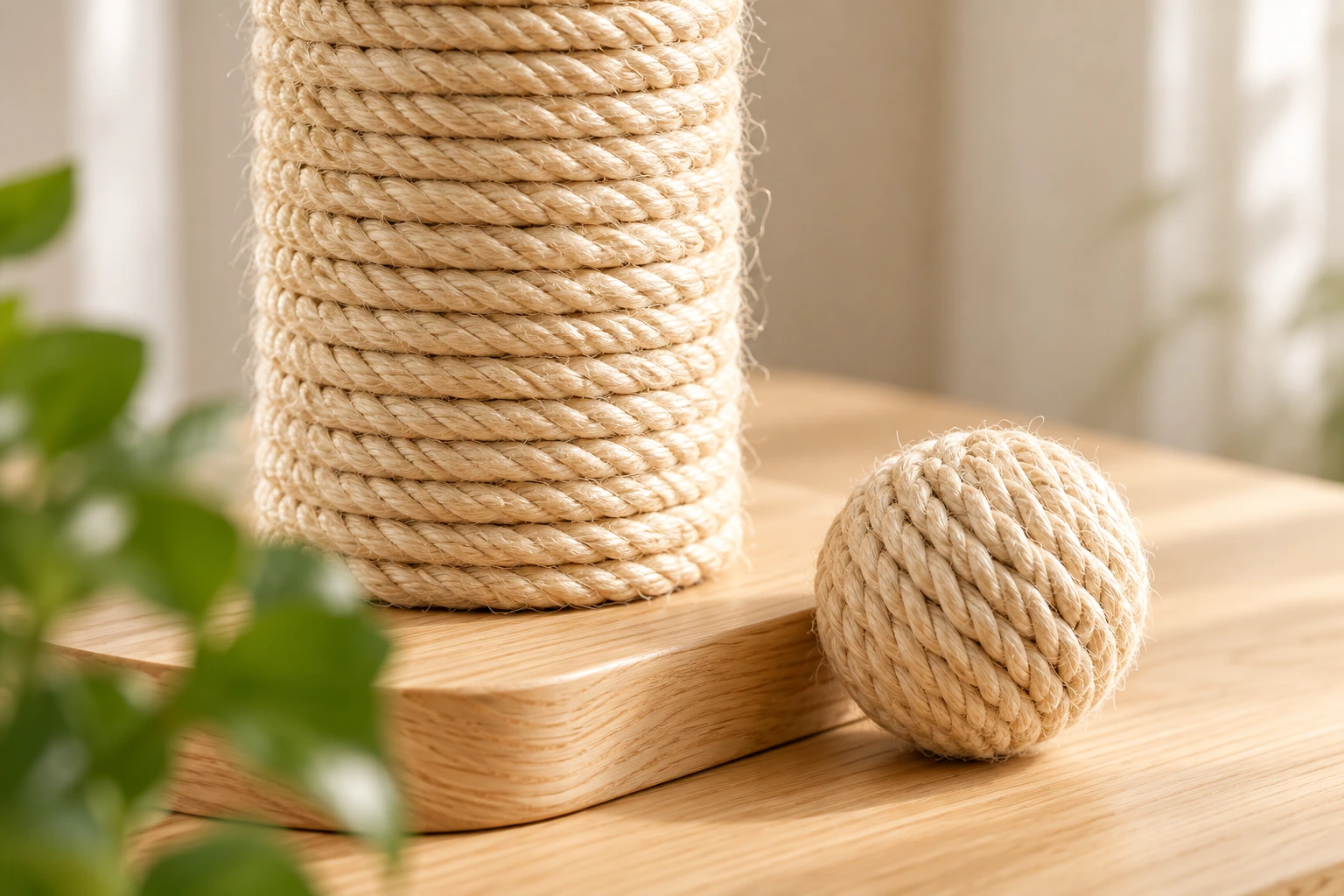 A natural sisal ball and rope-wrapped cat tree post on a pale oak platform