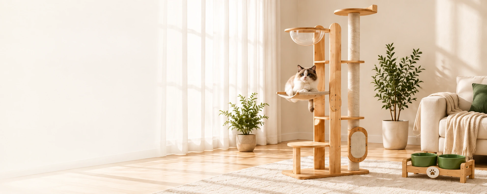 Natural oak cat furniture in a sunlit home